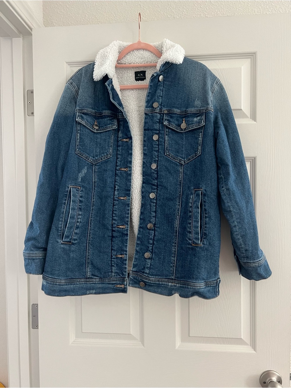 Armani Exchange Blue Denim Jacket with White Sherpa Lining